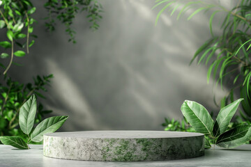 Round stone and plant product scene display table