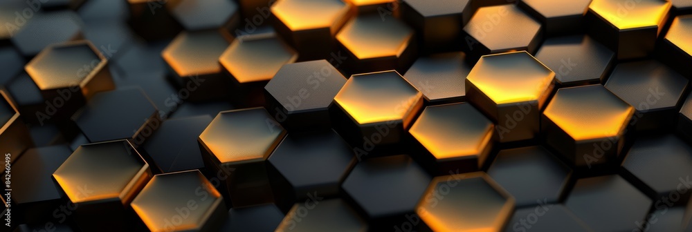 Poster 3d abstract honeycomb pattern with glowing hexagonal shapes in dark metallic tones, futuristic desig