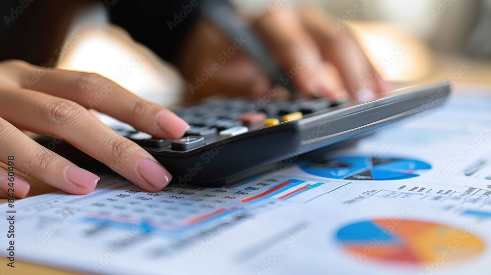 Aufkleber person is using a calculator to add numbers on a piece of paper. concept of focus and concentration 