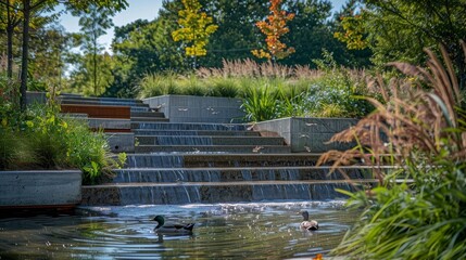 Naklejka premium Urban park with concrete steps leading to a tranquil pond, water trickling down the steps, ducks swimming nearby