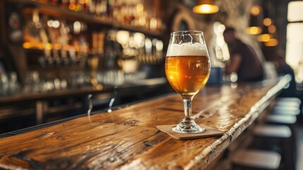 Traditional pub setting with beer glass on wooden bar counter bartender serving light ale close up shot with empty space