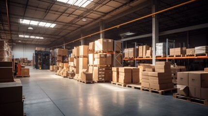 Illustration warehouse interior featuring shelves, pallets, and boxes