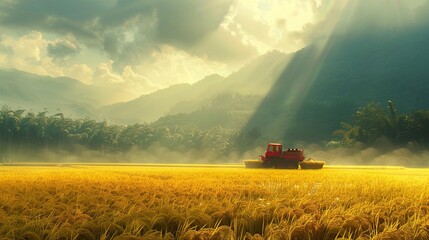 Obraz premium Macro Shot of Rice Harvester Machine Parked in Vast Rice Fields, Agricultural Technology and Farming Efficiency