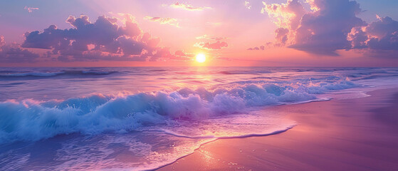 Serene Sunset Romance: Tranquil Beach Scene with Soft Waves and Romantic Glow
