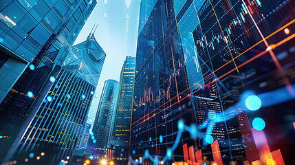 Obraz premium A stock market chart with upward trending lines over an urban skyline,