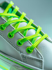 Close-up of a white sneaker with neon green laces.