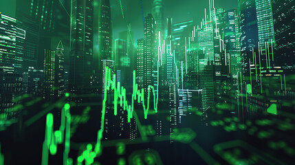 modern financial stock market background in the style of green trading chart and cityscape