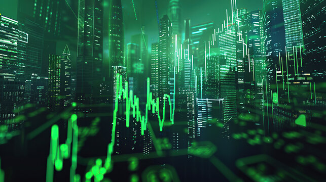 modern financial stock market background in the style of green trading chart and cityscape