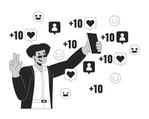 Influencer posing on phone camera for likes black and white 2D line cartoon character. Stylish latino man peace fingers isolated vector outline person. Streaming monochromatic flat spot illustration