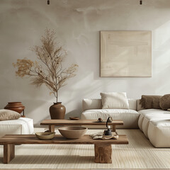 A serene living room with natural elements and balanced furniture placement, representing the principles of Feng Shui. 