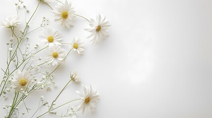 Beautiful composition of spring flowers and leaves on white background with copy space