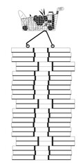 Shopping cart with food on money packs stack black and white 2D line cartoon object. Expensive grocery products isolated vector outline item. High prices monochromatic flat spot illustration