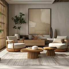 A serene living room with natural elements and balanced furniture placement, representing the principles of Feng Shui. 