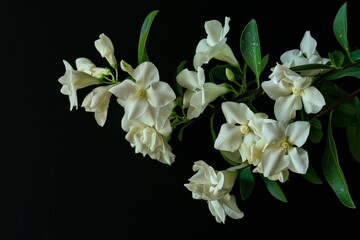 flower Photography, Jasminum fluminense, full view object, copy space on right, Isolated on Black Background