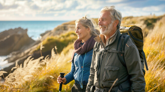 A happy middle aged couple hiking on a coastal path