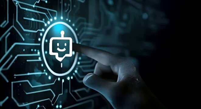 A hand touching an icon of the digital AI chatbot robot icon on circuit board pattern background