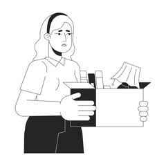 Upset fired caucasian woman black and white 2D line cartoon character. European female holding box with stuff isolated vector outline person. Unemployment problem monochromatic flat spot illustration