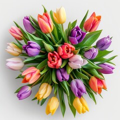 Obraz premium Elegant and Fresh Natural Colorful Tulip Flower Bouquet with Graceful Thin Ribbon, Top View, 
