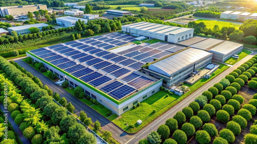 Wall mural A modern, green factory with solar panels on the roof and lush vegetation surrounding the building, sustainable factory, green factory, solar panels, eco-friendly, renewable energy - Wall murals