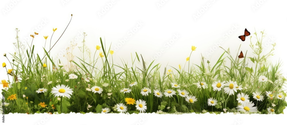 Poster isolated spring grass and daisies with clipping path and alpha channel for copy space image.