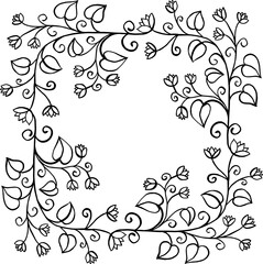 Frame made of twigs with leaves and flowers. Vector illustration.