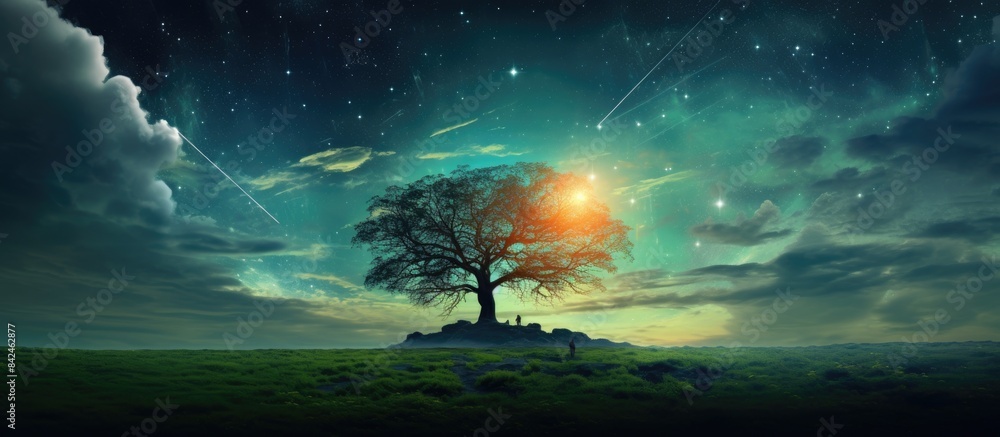 Poster a solitary tree standing under a starlit sky with the milky way visible above, creating a serene sce