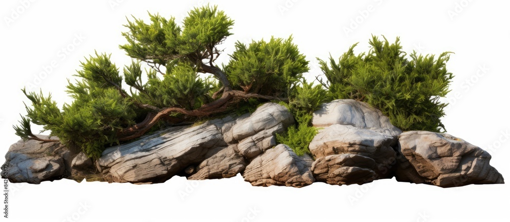 Poster a rock cutout set amid fir trees in a garden layout, standing on white backdrop as a decorative shru