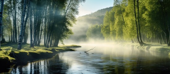 A stunning scene of spring: a serene river flowing through lush forest with birch trees in full greenery, enveloped in a shimmering haze under the sun, creating a picturesque copy space image.