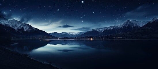 A scenic night landscape with a majestic galaxy, twinkling stars, towering mountains, and winding trails, perfect for stargazing or hiking adventures, with copy space image.