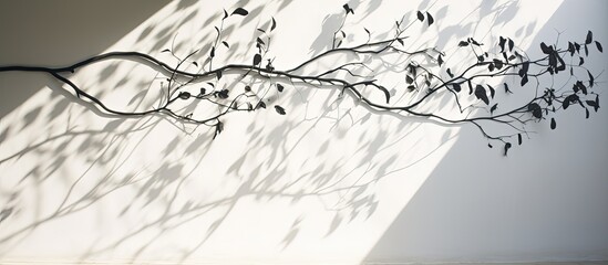 Fototapeta premium Black and white nature shadow pattern art on the wall, with the abstract gray shadow of natural leaves cast upon a white wall texture as a copy space image.