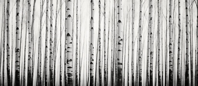 Birch tree trunks against a black and white background offer a copy space image.