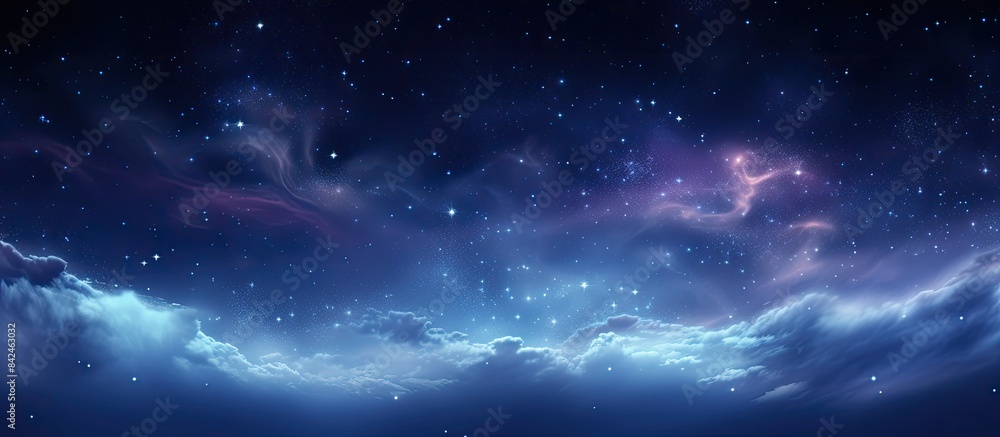 Poster a panoramic night view against a blue starry sky with grain and adjusted white balance, ideal for ad