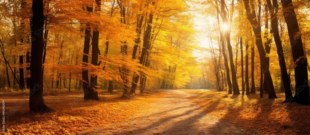 Poster assortment of vibrant autumn leaves in shades of green, yellow, orange, and red with a blank space f
