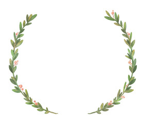 Wreath of branches. Round frame made of green leaves, template for design with branches and red round berries. Watercolor illustration on isolated background.