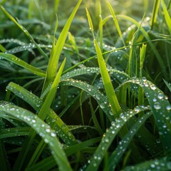 Fototapeta premium Glistening dew on grass blades in early morning light