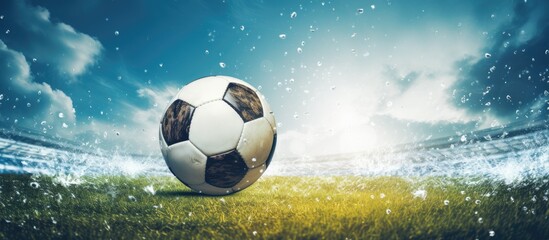 Naklejka premium Athlete playing football with a ball in motion in an outdoor setting, with copy space image included.