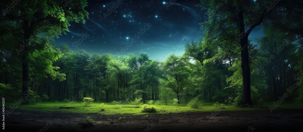 Poster the serene night features a gentle forest rustle and a celestial dance with a copy space image.
