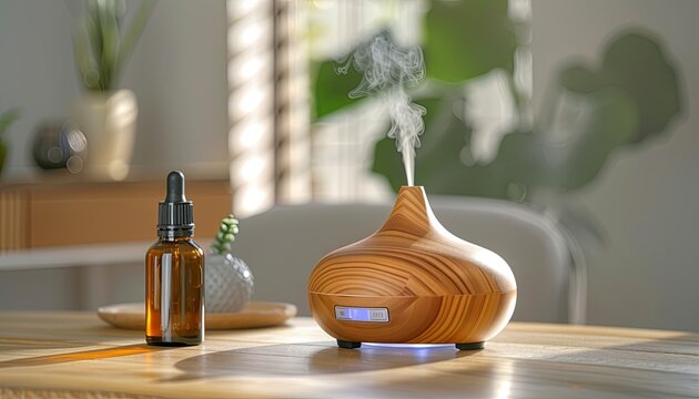 A wooden diffuser sits on a table next to a bottle of essential oil