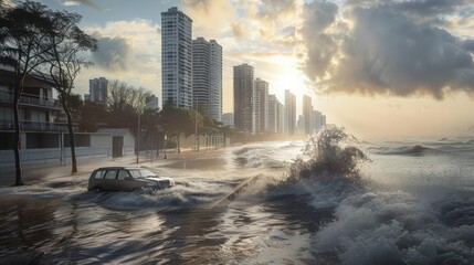 Liniya phenomenon, large waves hit the shore, destroying cities, roads and cars.