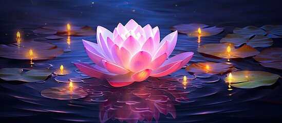 A serene image of pink and light purple lotus flowers floating elegantly over a sparkling purple background with copy space image.