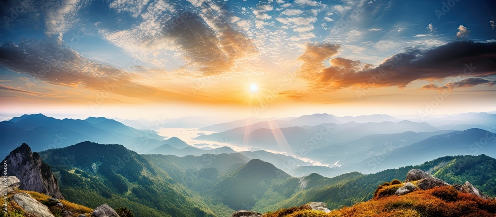 Poster Scenic summer mountain valley at sunset with a striking natural landscape and a serene ambiance, perfect for a copy space image.