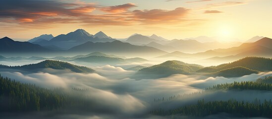 A stunning aerial view of a mountain peak surrounded by clouds at sunrise in summer, showcasing a beautiful landscape with rocky terrain, dense forests, and a cloudy sky, ideal for a copy space image.