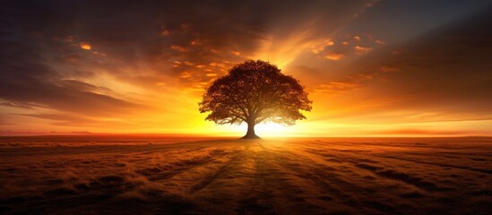 Enchanting dawn scene with a tree in front, creating a captivating ambiance in a copy space image.