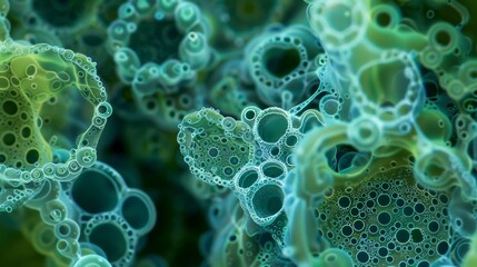 A magnified image of spirulina algae reveals its intricate structure, emphasizing the concentration of nutrients packed within this tiny organism