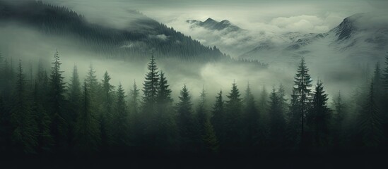A misty morning in the pine forest valley exudes a spooky ambiance, resembling a dark, vintage copy space image.