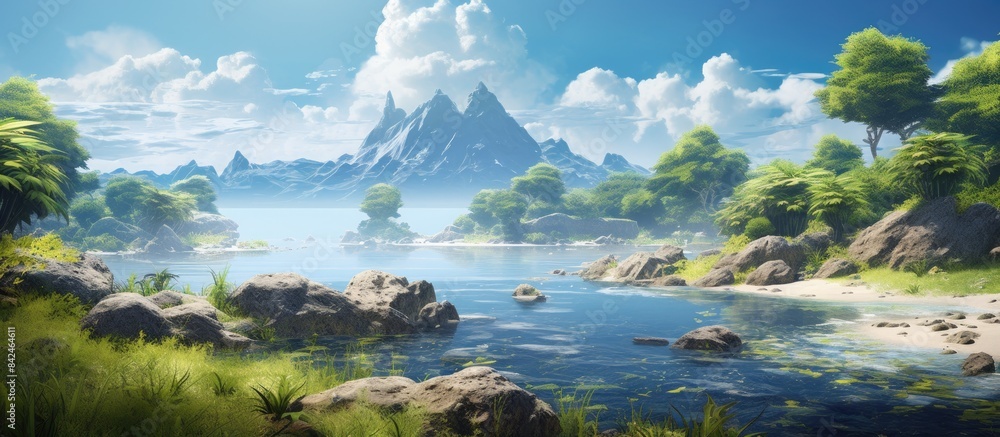 Poster mountain and rocks on an island with a variety of trees, isolated on a white background with copy sp