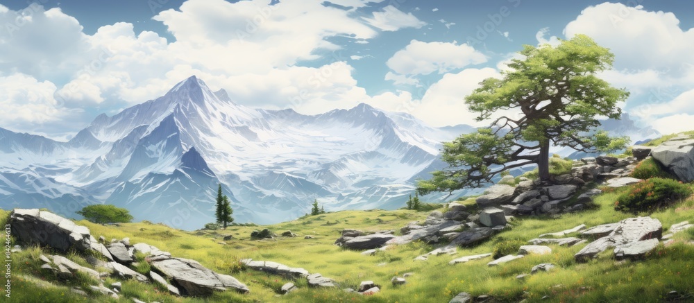 Poster scenic view of trees and snow-capped mountains with a white backdrop, ideal for copy space image.