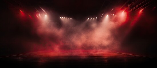 Fototapeta premium A studio room with a dark stage, blue backdrop, smoke, neon lights, and spotlights create an atmospheric setting for showcasing products with an interior texture and copy space image.