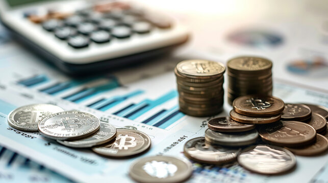 composition of coins, a calculator and glasses on top of financial charts with graphs