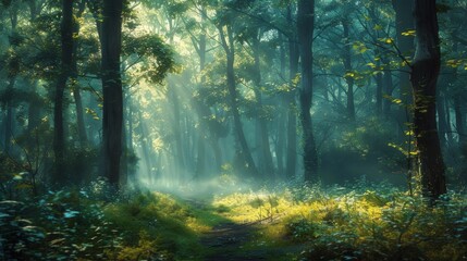 Obraz premium Morning freshness in a forest with a hint of light fog.